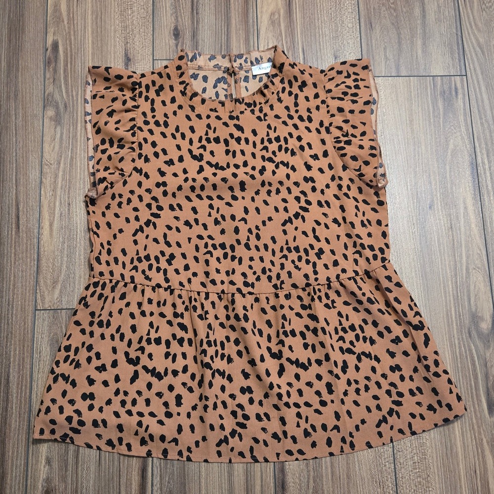 Angashion Womens Cheetah Print Peplum‎ Ruffle Sleeve Mock Neck Top L